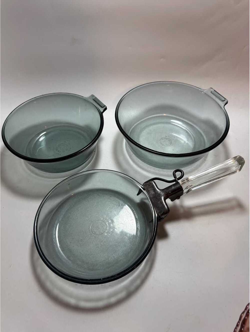 Vintage Pyrex Flameware 4-Piece Cookware Set (3 Vessels + Removable Handle)